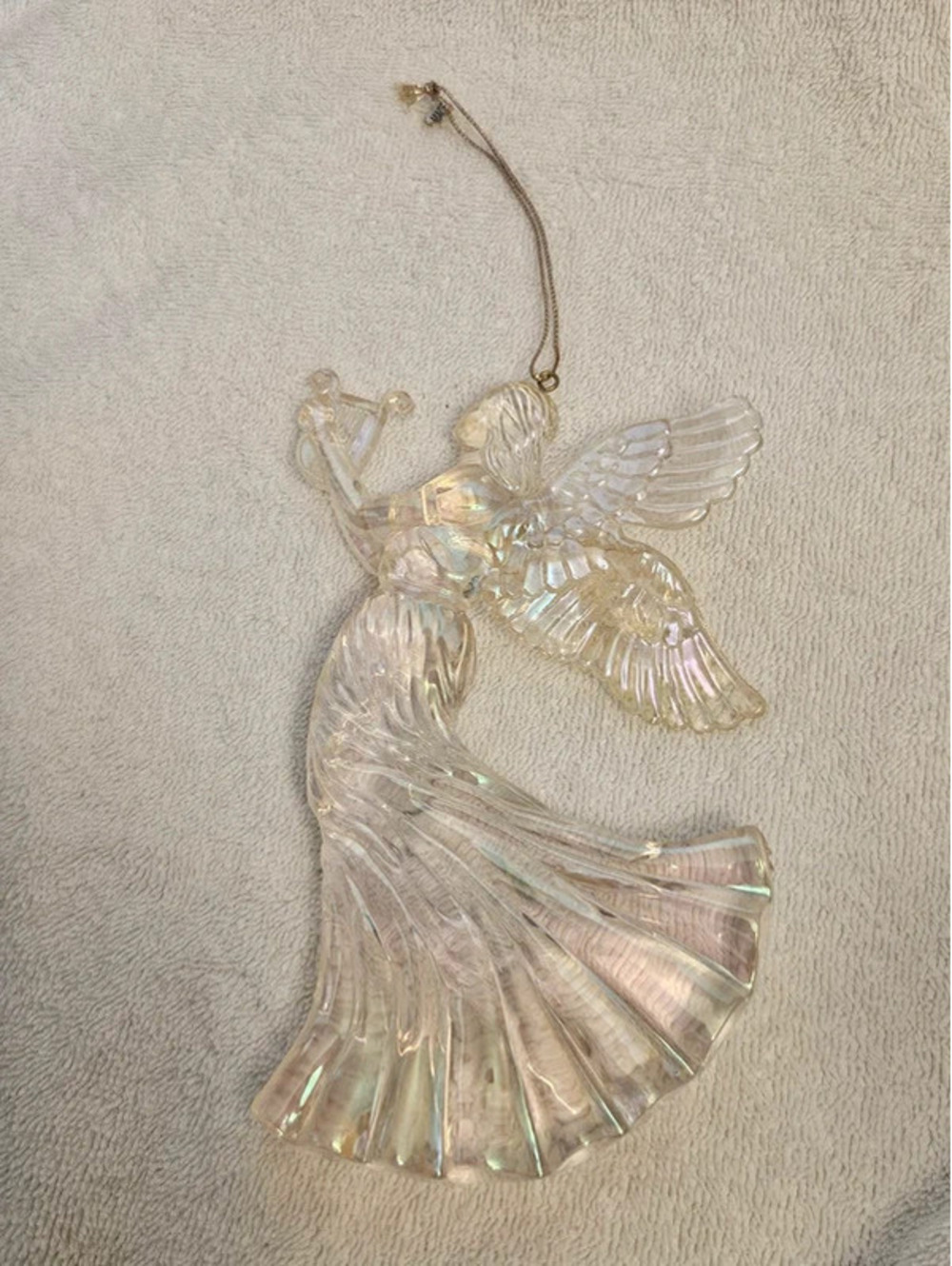 Vintage Clear Iridescent Acrylic Angel Harp Christmas Ornament 7" x 5"